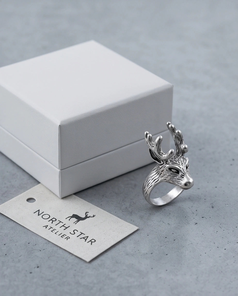 Vintage Silver Oxidized Stag Deer Antler Statement Ring