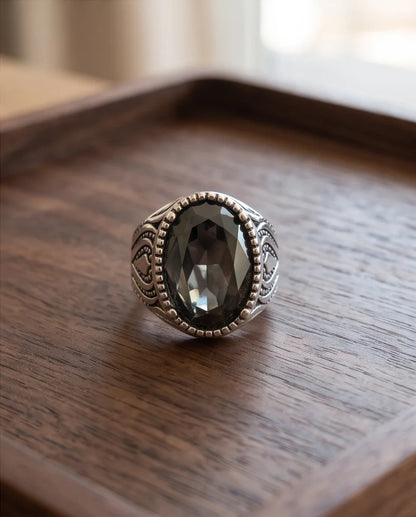 Obsidian Gemstone Beaded Frame Flame Silver Ring