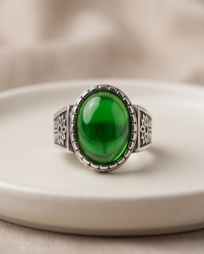 Emerald Cabochon Beaded Bezel Floral Silver Ring