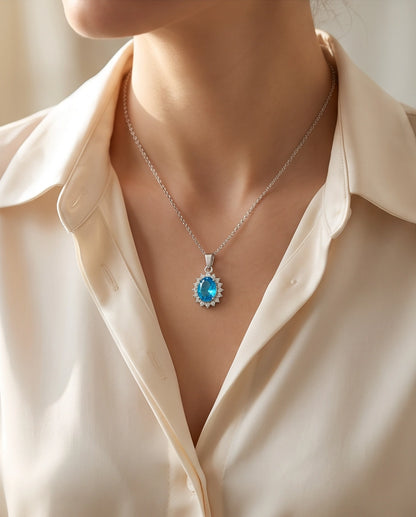 Silver Aquamarine Blue Oval Halo Medallion Pendant Necklace