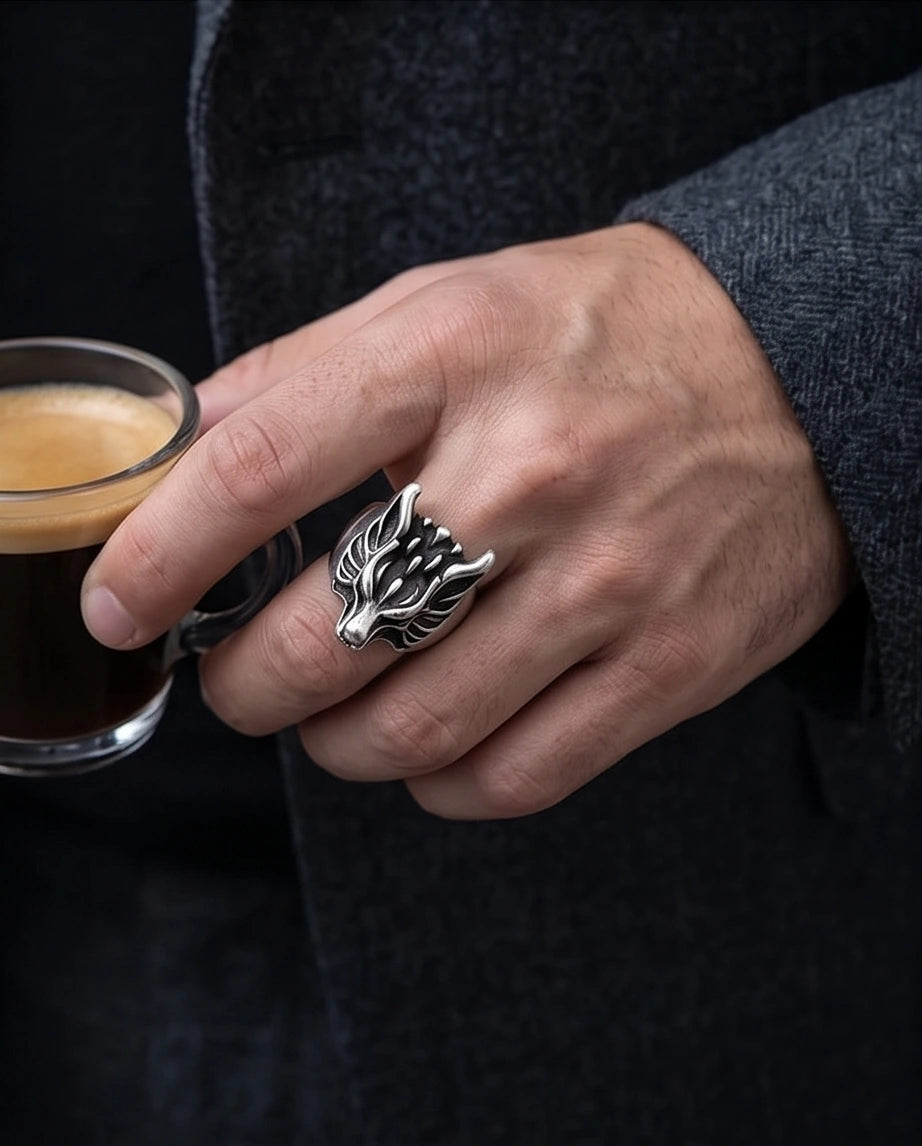 Vintage Oxidized Silver Mythical Wolf Crest Ring