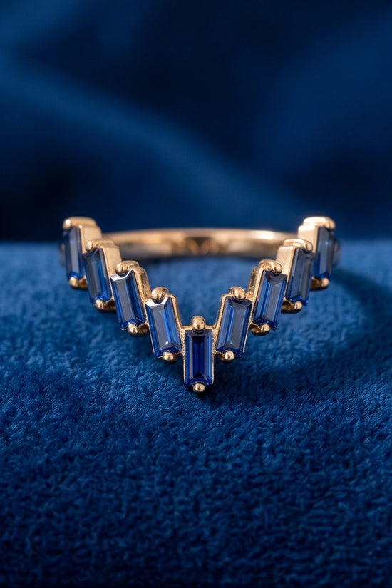 Gold Plated Blue Sapphire Baguette Tiara Ring