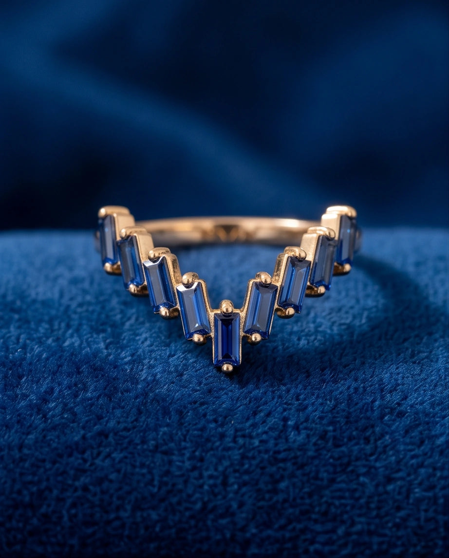 Gold Plated Blue Sapphire Baguette Tiara Ring