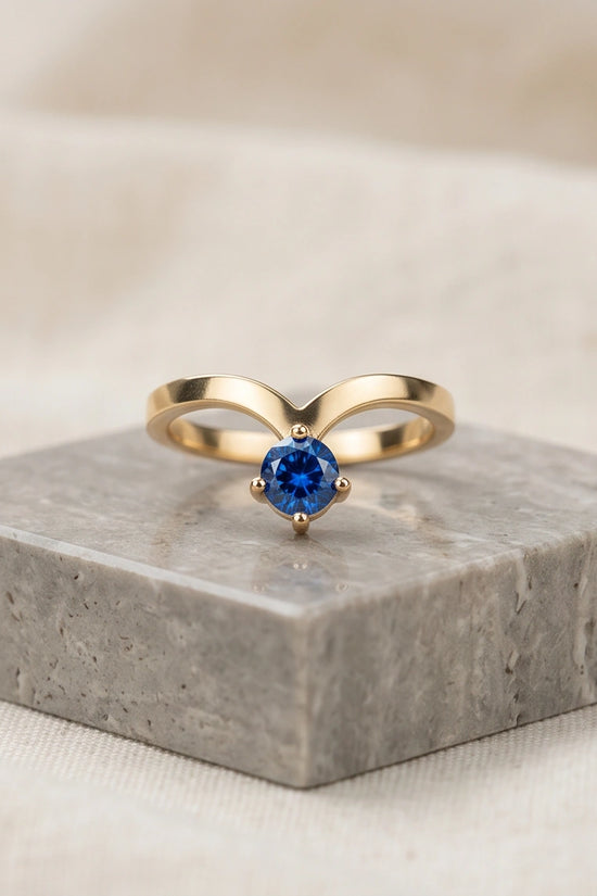 Gold Plated Blue Sapphire Droplet Chevron Ring