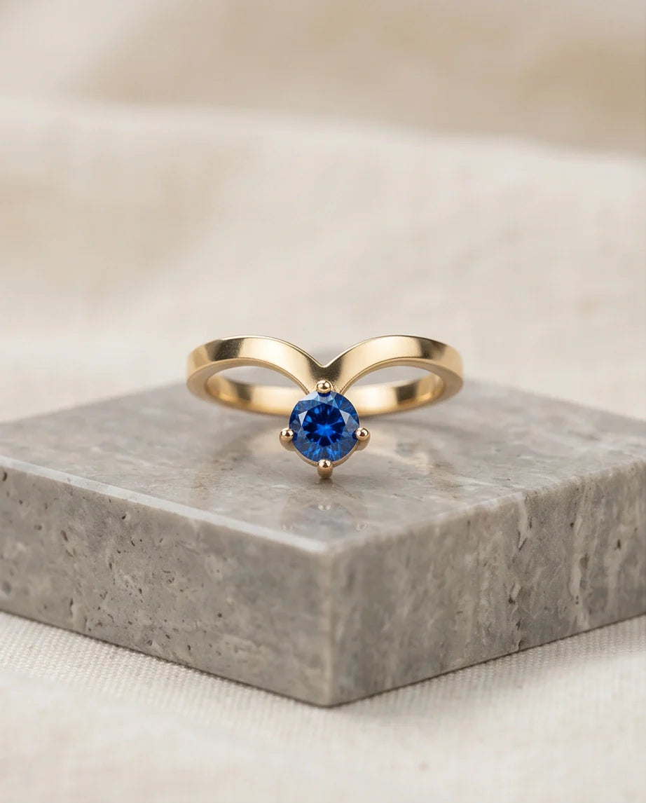 Gold Plated Blue Sapphire Droplet Chevron Ring