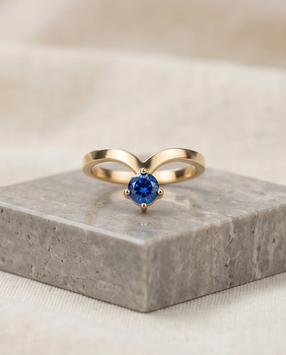 Gold Plated Blue Sapphire Droplet Chevron Ring