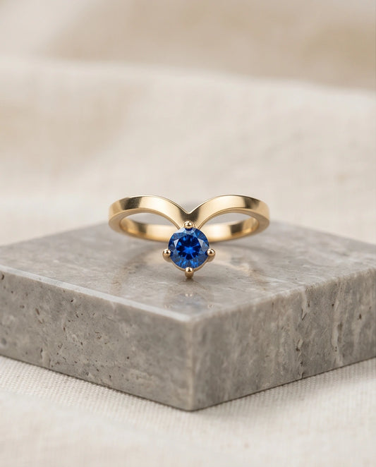 Gold Plated Blue Sapphire Droplet Chevron Ring