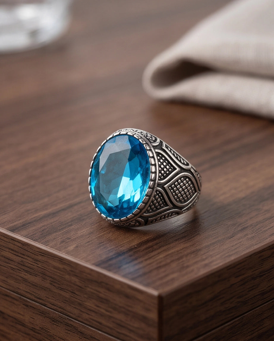 Aquamarine Gemstone Beaded Bezel Lattice Silver Ring