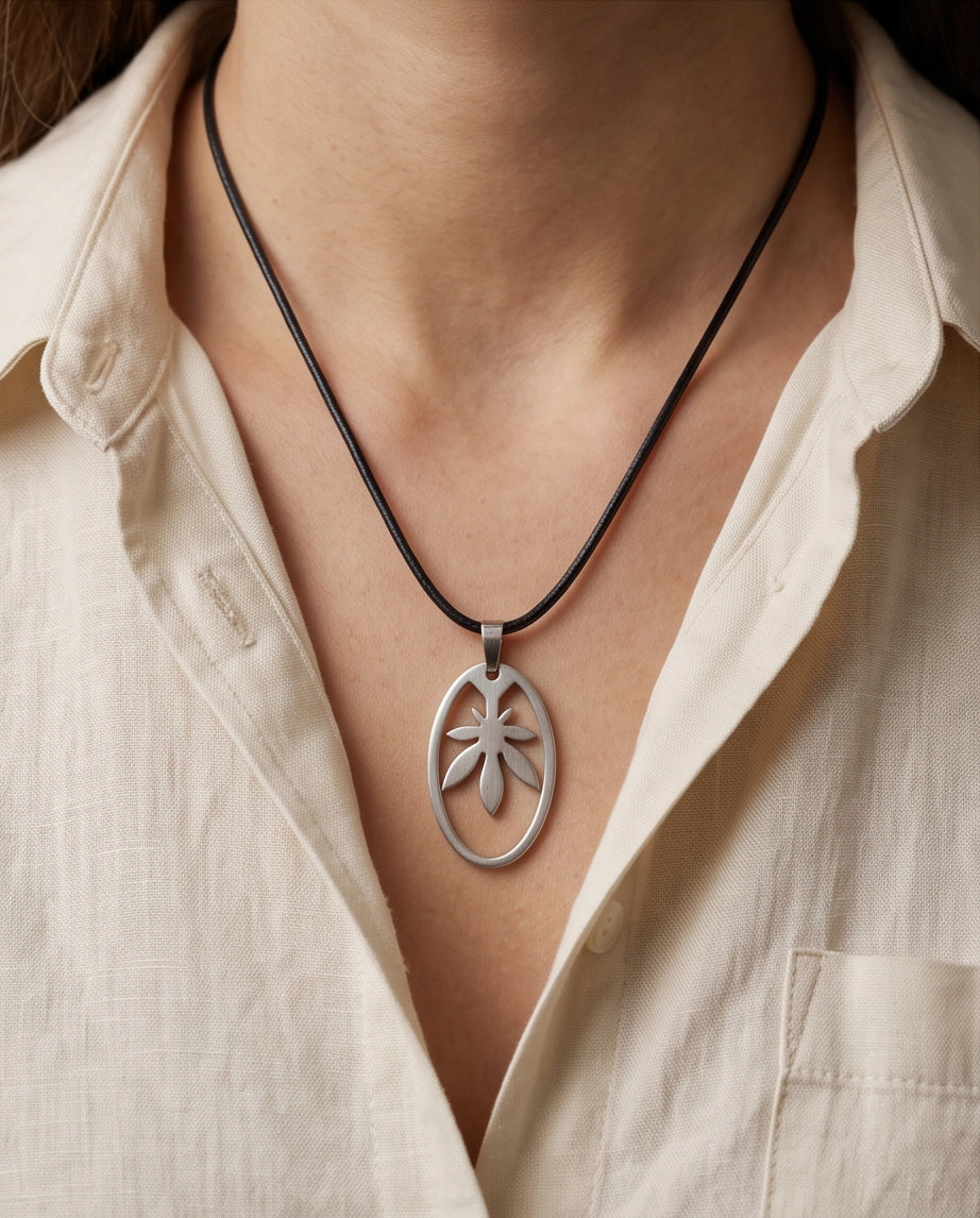 Brushed Silver Leaf Oval Cord Necklace