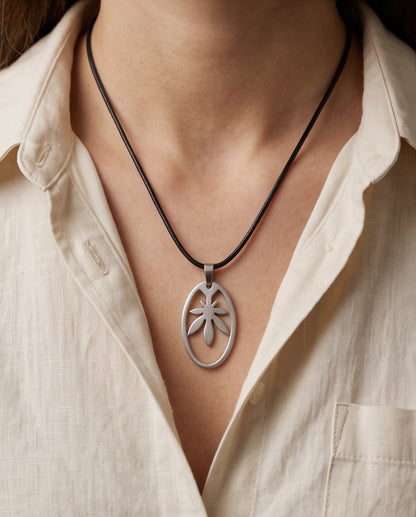 Brushed Silver Leaf Oval Cord Necklace