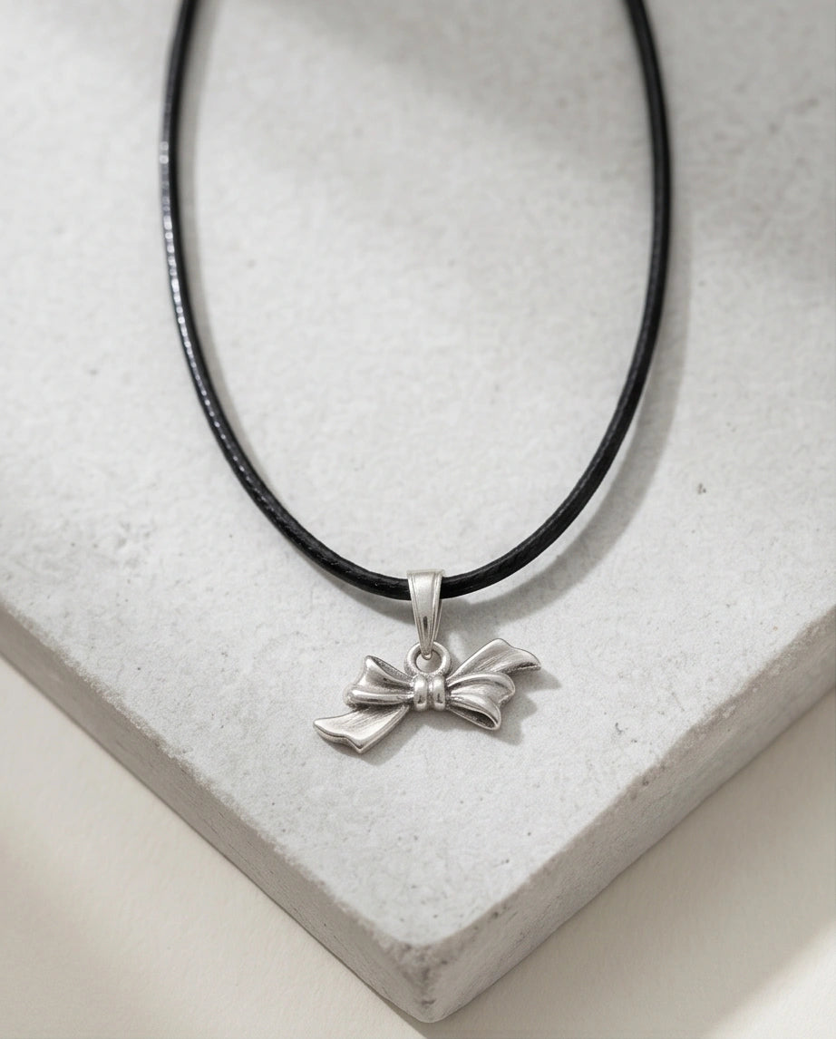 Silver Retro Ribbon Bow Necklace
