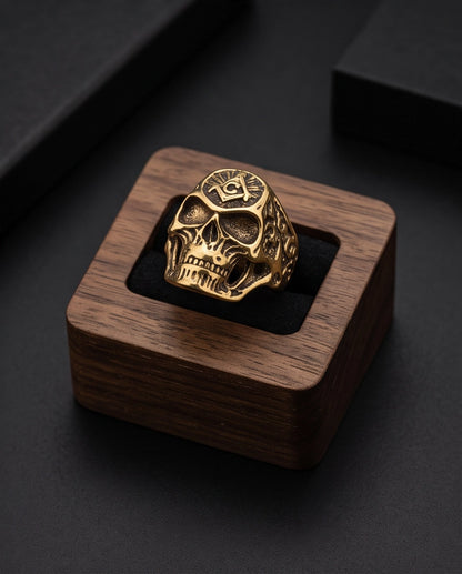 Masonic Square and Compass Anatomical Skull Gold Ring