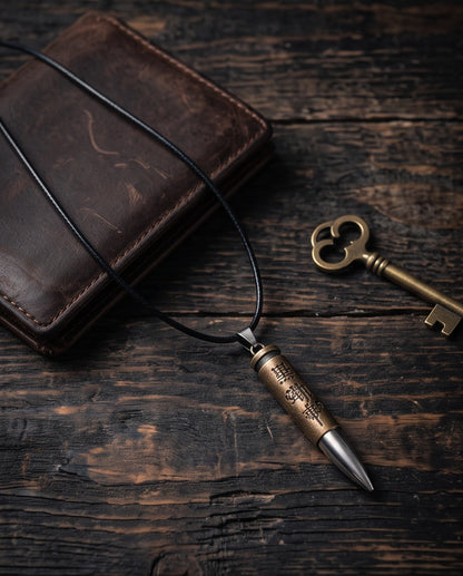 Engraved Bronze Bullet Pendant Cord Necklace