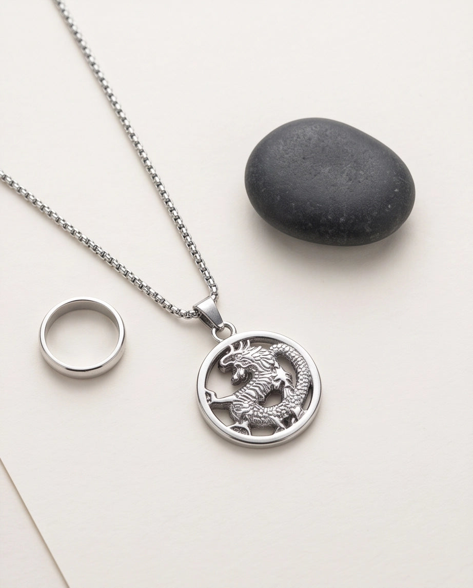 Silver Circular Dragon Medallion Pendant Necklace