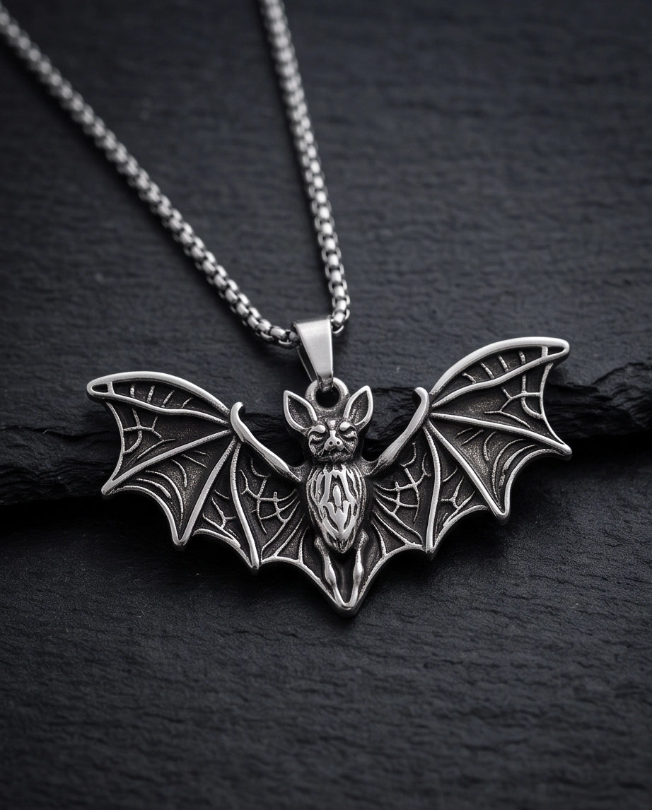 Silver Oxidized Flying Bat Pendant Necklace