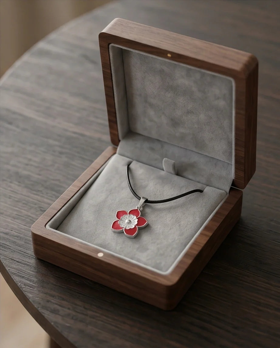 Vibrant Red and White Layered Floral Enamel Pendant Necklace