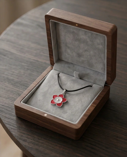 Vibrant Red and White Layered Floral Enamel Pendant Necklace