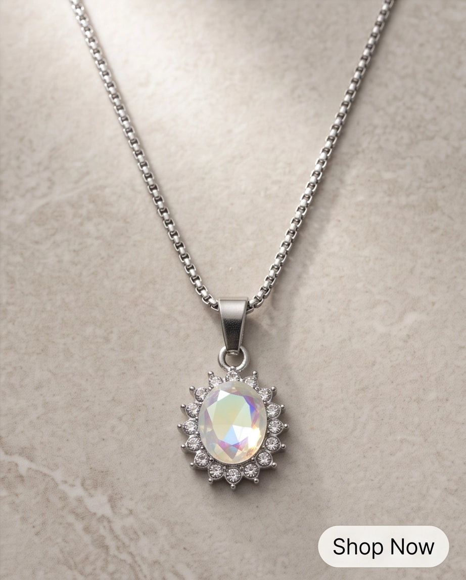 Silver Crystal Oval Halo Medallion Pendant Necklace