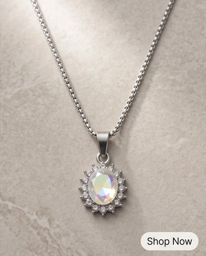 Silver Crystal Oval Halo Medallion Pendant Necklace