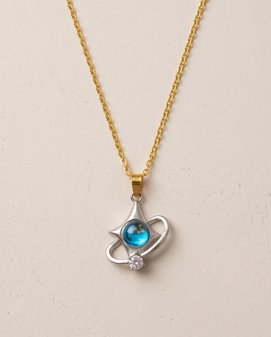 Silver Cosmic Four-Point Star Planet Ring Pendant Necklace