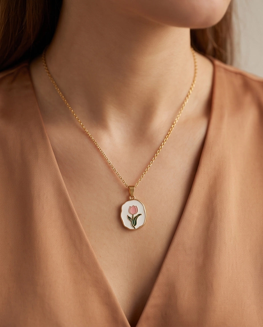 Gold Pink Tulip Enamel Medallion Chain Necklace