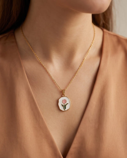 Gold Pink Tulip Enamel Medallion Chain Necklace