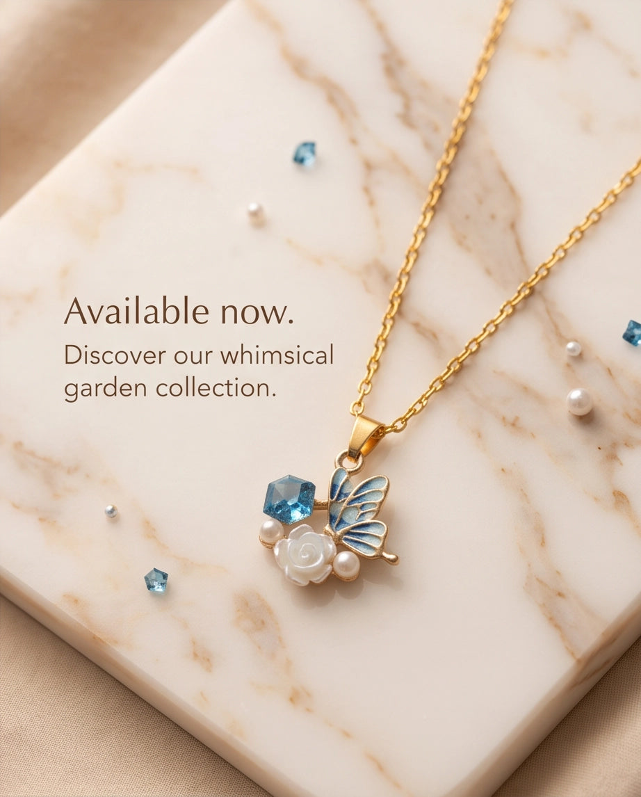 Gold Blue Enamel Butterfly & Pearl Rose Cluster Pendant Necklace