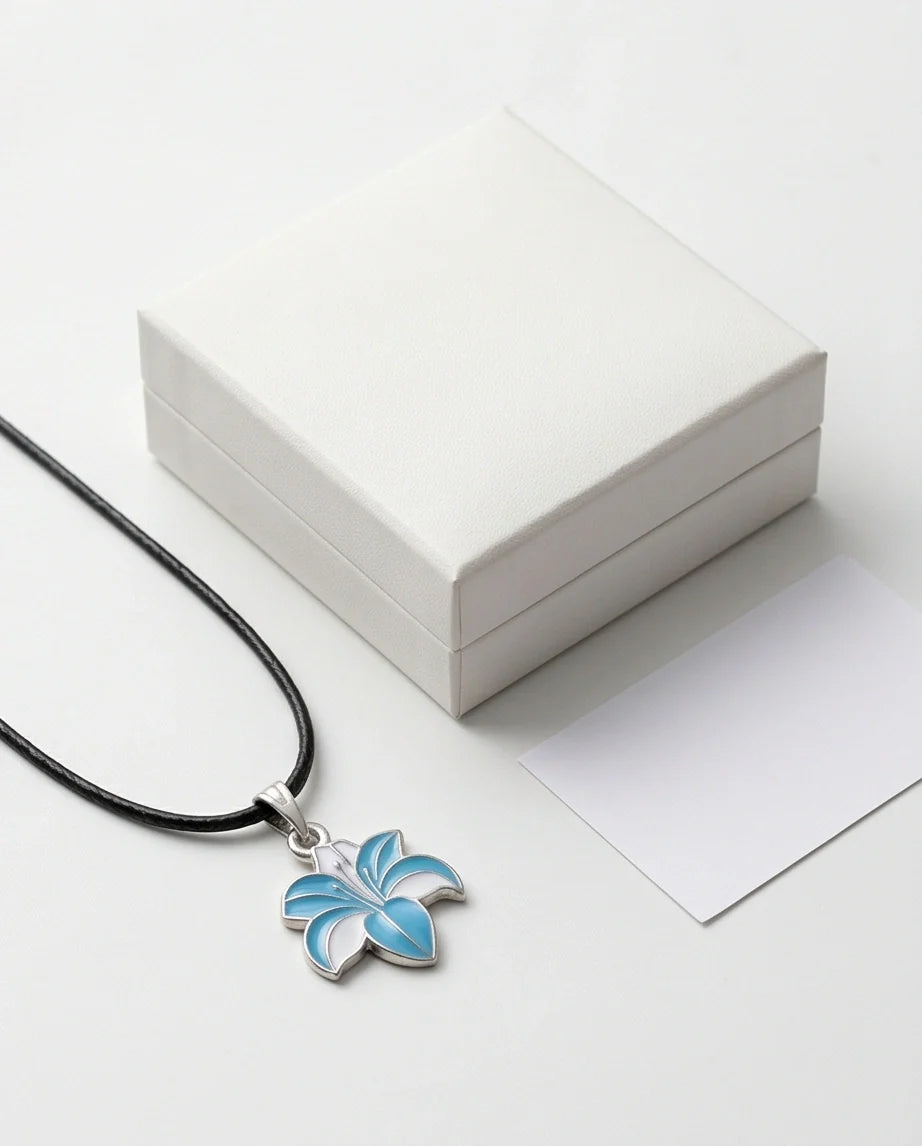Serene Blue and White Lily Enamel Pendant Necklace