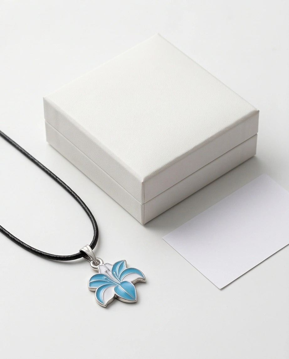 Serene Blue and White Lily Enamel Pendant Necklace
