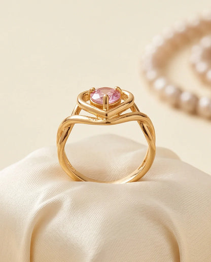 Gold Pink Tourmaline Heart Openwork Ring