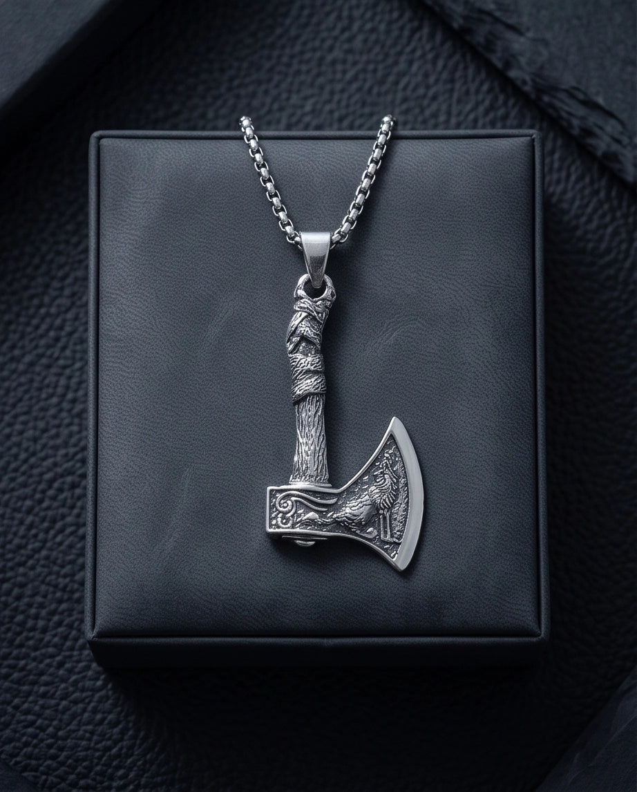 Silver Viking Axe Wolf Pendant Necklace