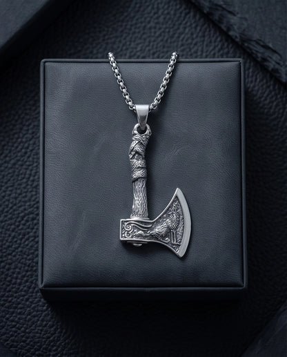 Silver Viking Axe Wolf Pendant Necklace