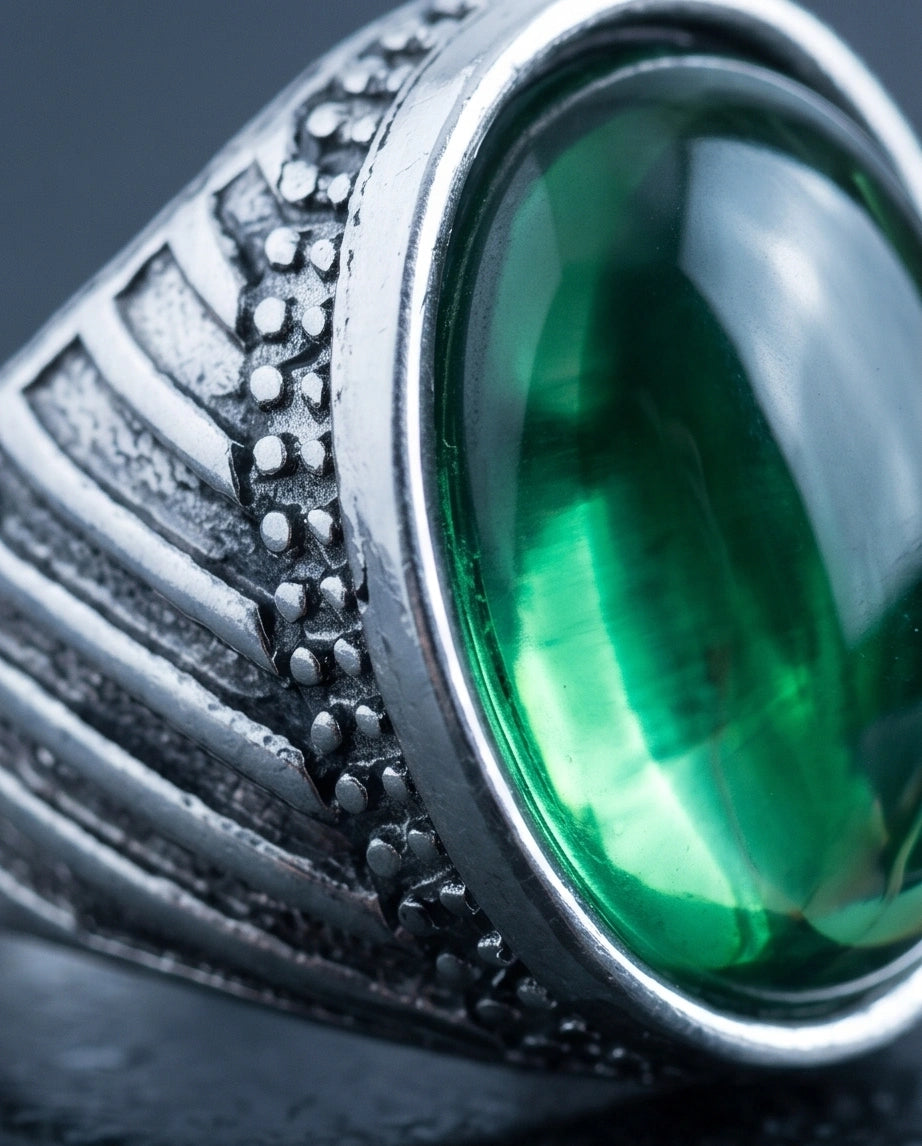 Vintage Sterling Silver Oval Emerald Cabochon Ring