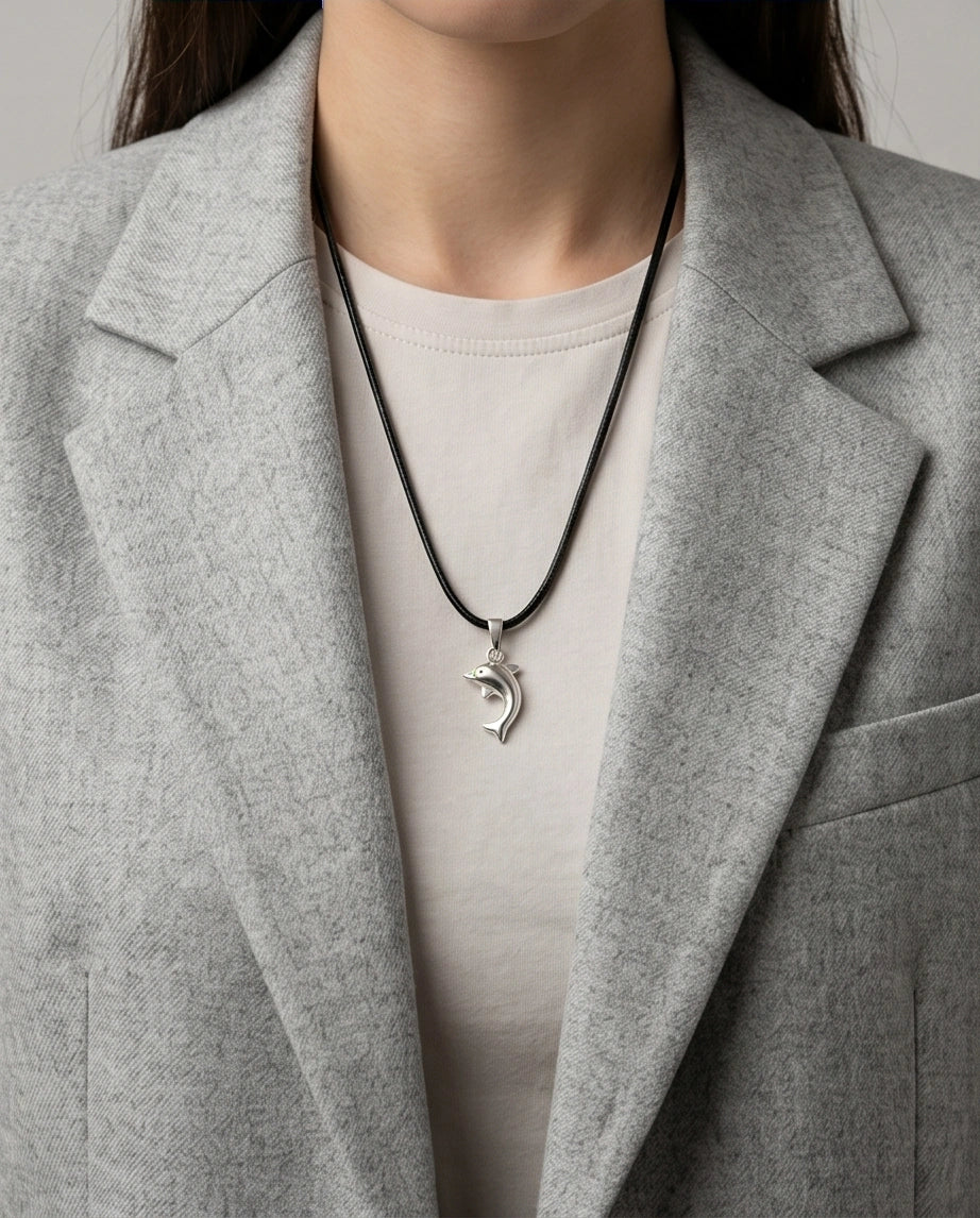 Silver Polished Playful Dolphin Necklace