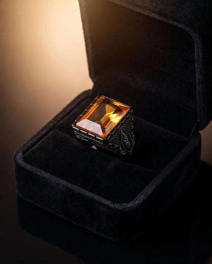 Matte Black Emerald-Cut Amber Citrine Signet Ring