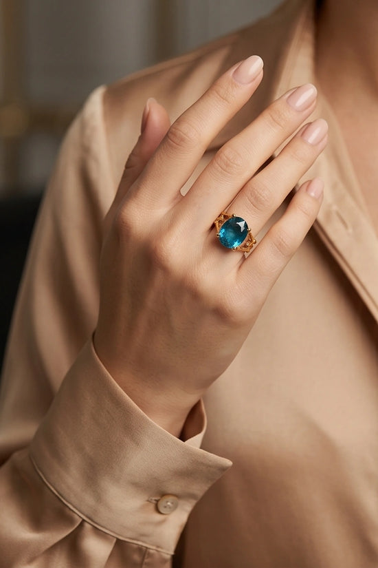 Gold Plated Aqua Blue Topaz Bamboo Leaf Ring