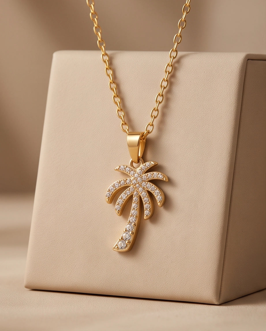Gold Crystal Pavé Palm Tree Pendant Necklace