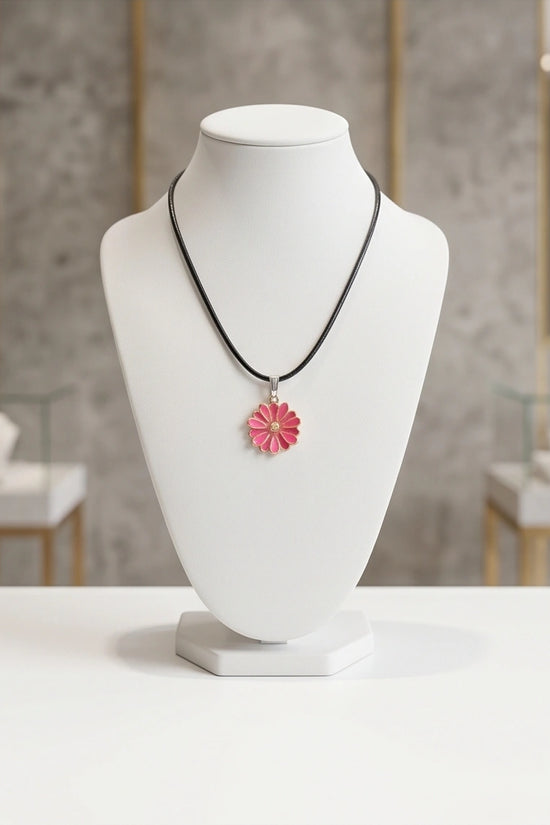Pink Enamel Sunflower Pendant Necklace