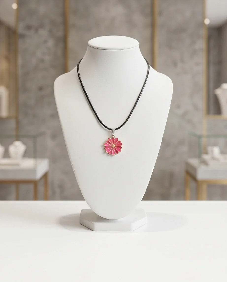 Pink Enamel Sunflower Pendant Necklace