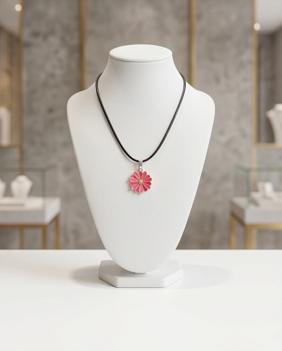 Pink Enamel Sunflower Pendant Necklace