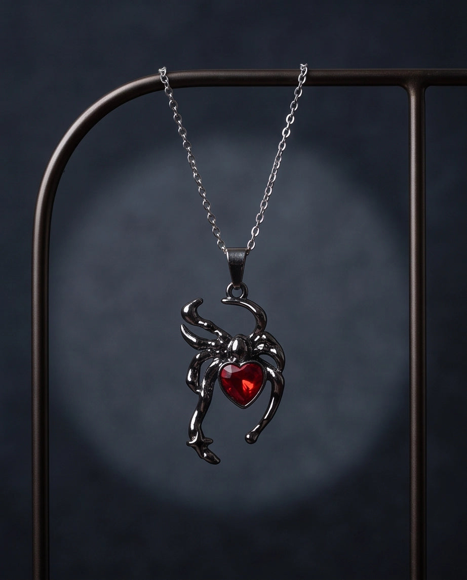 Black Spider Red Heart Crystal Gem Pendant Necklace