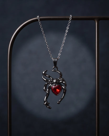 Black Spider Red Heart Crystal Gem Pendant Necklace