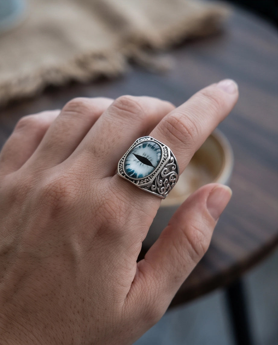 Frost Slit-Pupil Ornate Silver Ring