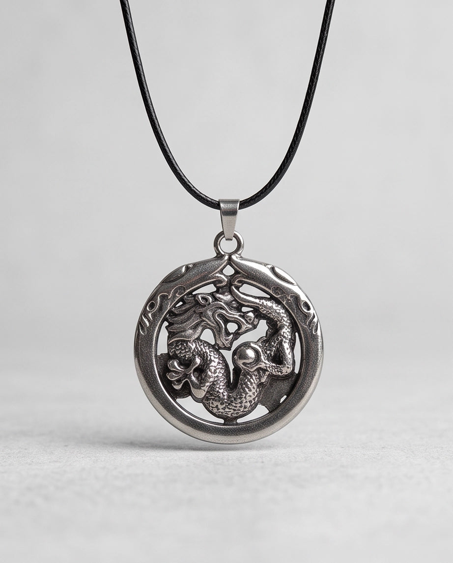 Silver Circular Dragon Medallion Pendant Necklace
