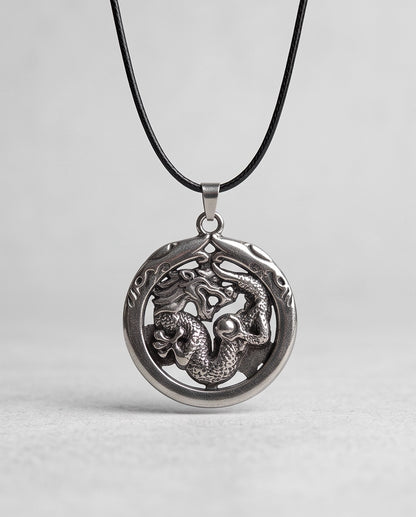 Silver Circular Dragon Medallion Pendant Necklace