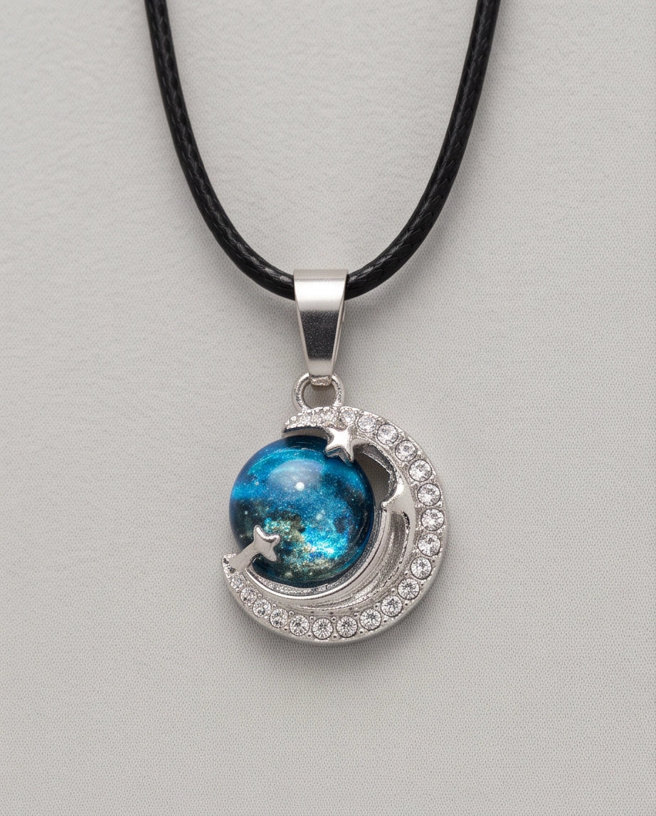 Silver Crystal Crescent Moon Cosmic Galaxy Orb Pendant Necklace