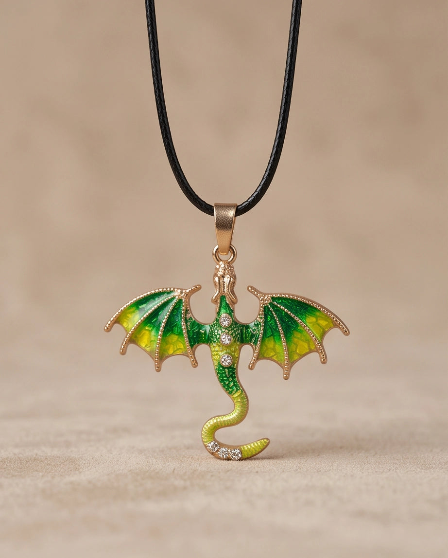 Gold Green Enamel Dragon Wyvern Pendant Necklace