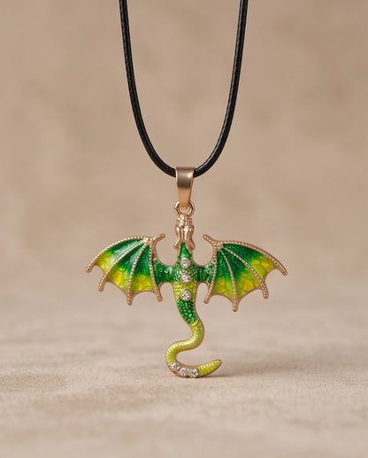 Gold Green Enamel Dragon Wyvern Pendant Necklace