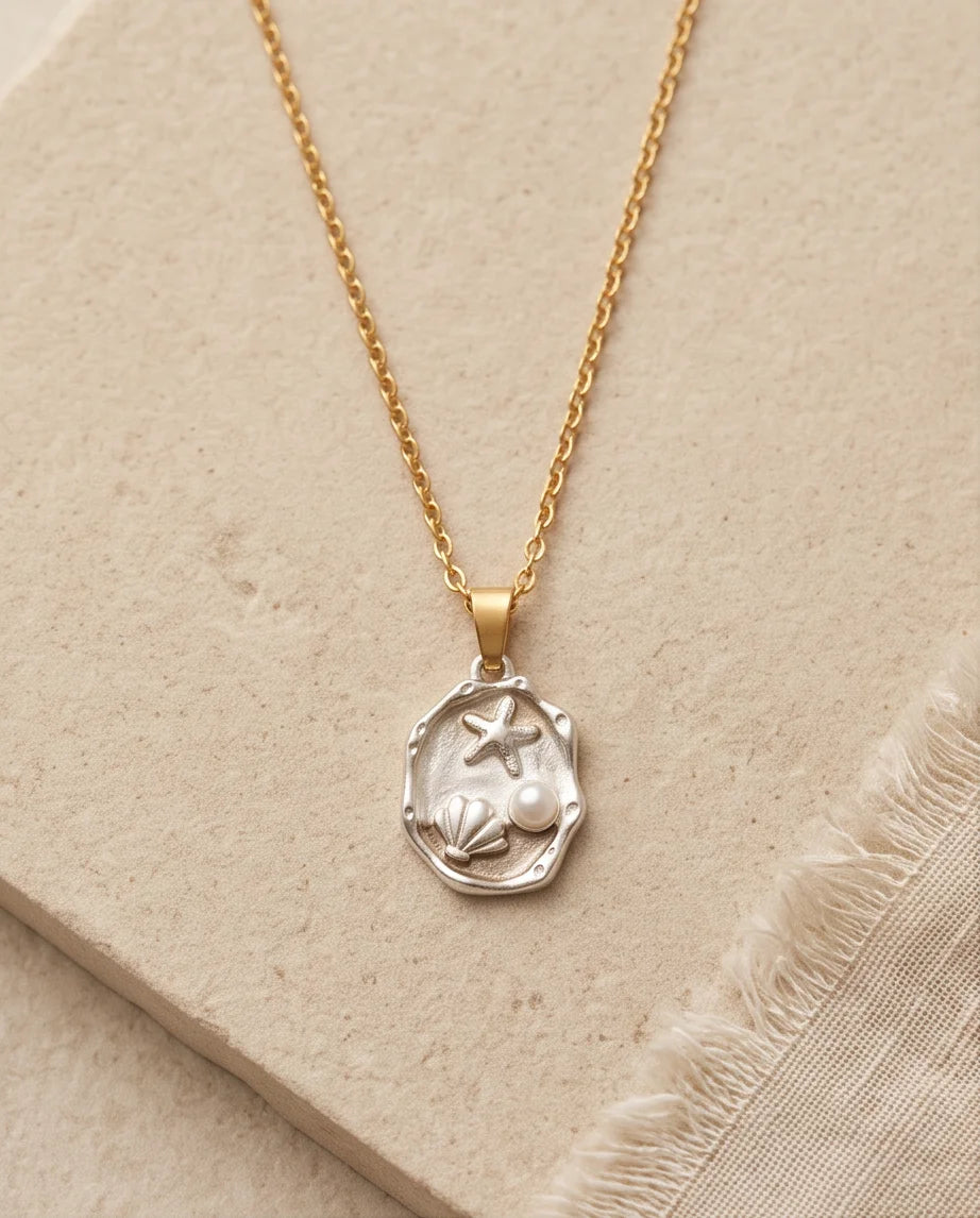 Silver Gold Seashell Starfish Pearl Enamel Medallion Chain Necklace