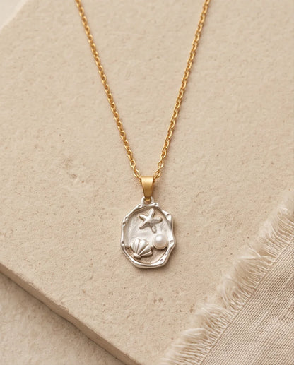 Silver Gold Seashell Starfish Pearl Enamel Medallion Chain Necklace